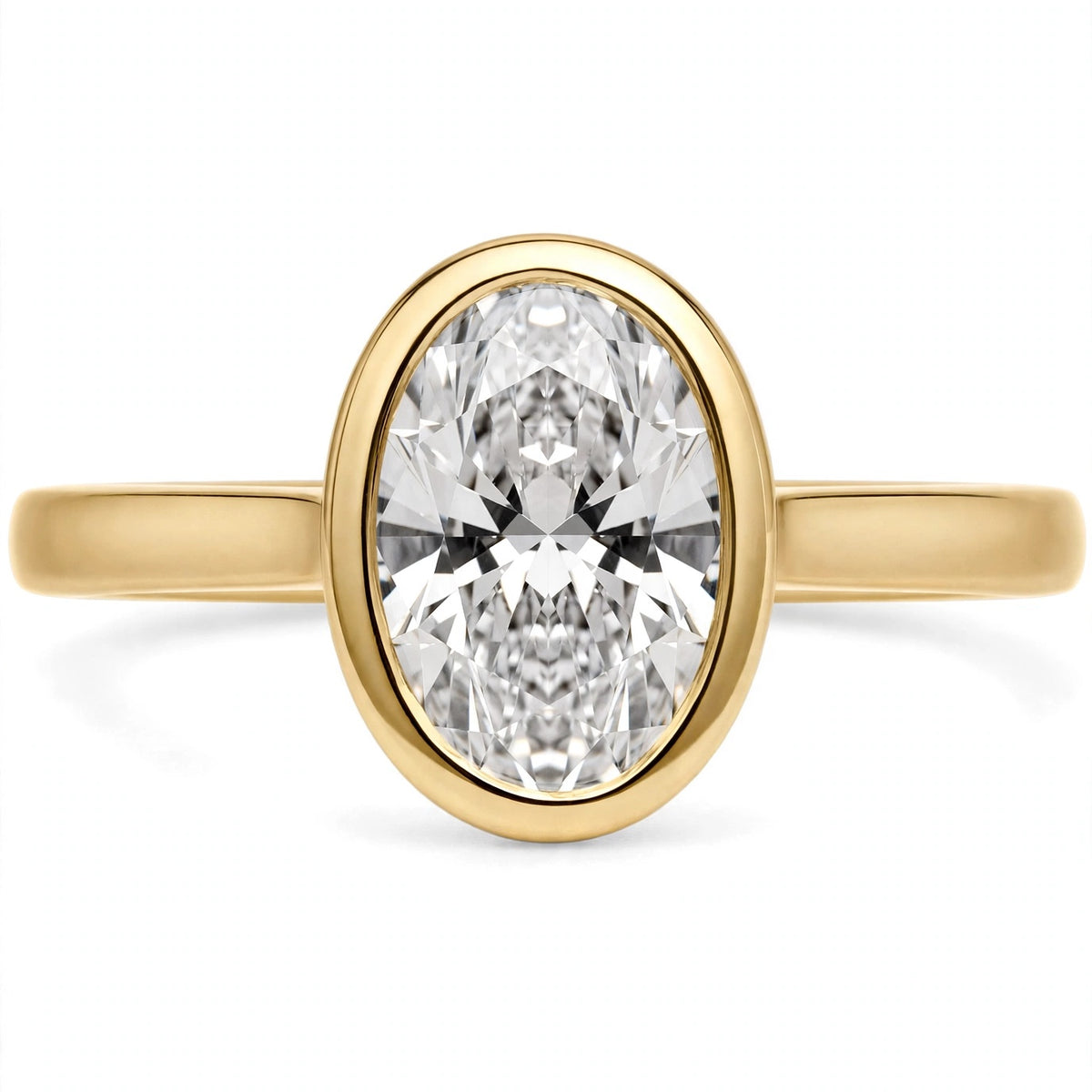 2.50 CT BEZEL-SET OVAL BRILLIANT LAB DIAMOND RING • F COLOR • 14K YELLOW GOLD • VS1 • IGI CERTIFIed