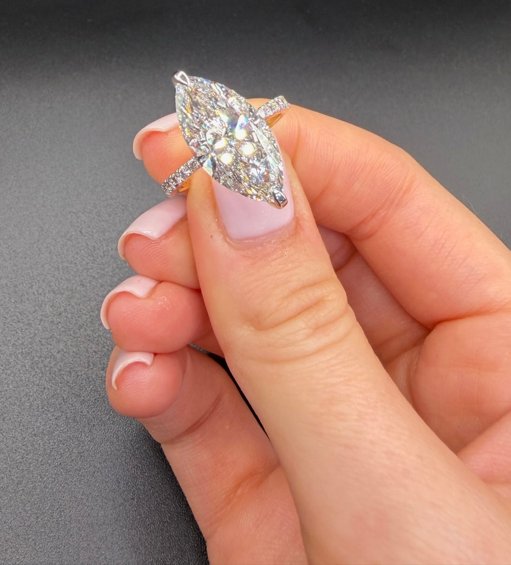 5.58 CT IGI Certified Marquise Lab-Grown Diamond Engagement Ring • F Color VVS2 • 14 K Yellow Gold