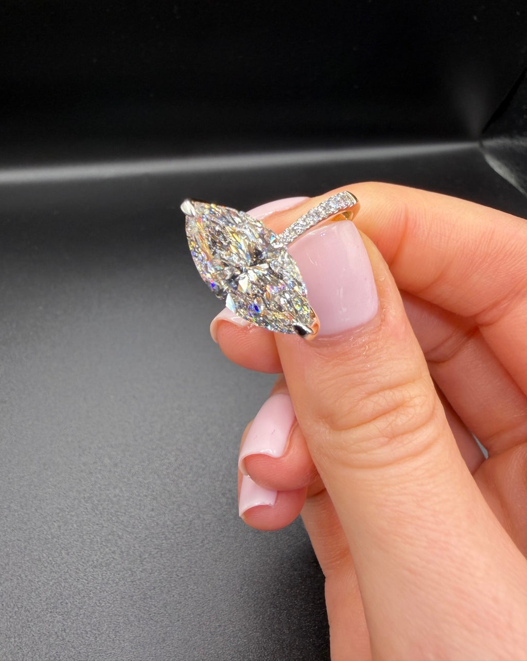 5.58 CT IGI Certified Marquise Lab-Grown Diamond Engagement Ring • F Color VVS2 • 14 K Yellow Gold