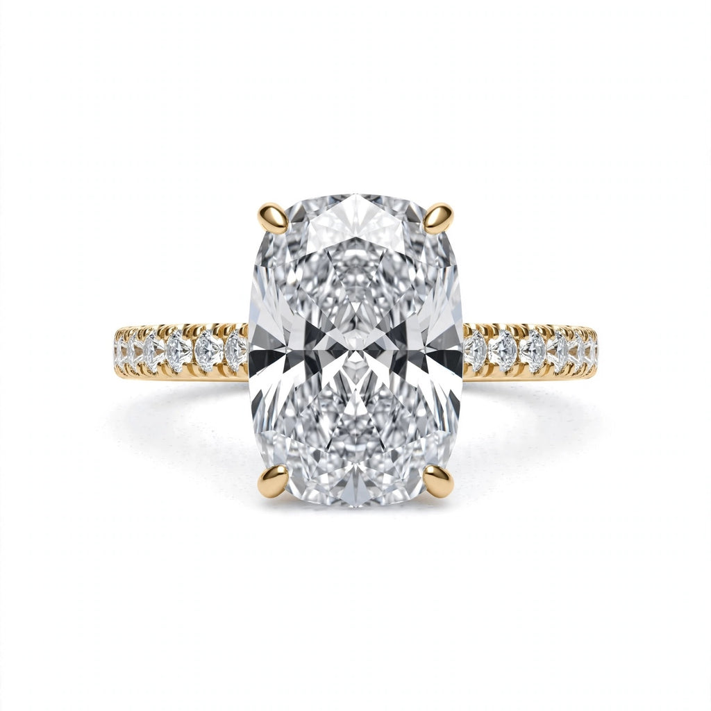 5.74 CT CUSHION BRILLIANT LAB DIAMOND RING • 5.06 CT CENTER • E COLOR • 14K YELLOW GOLD • VS1 • IGI CERTIFIED