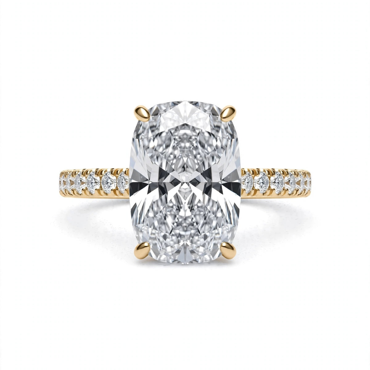 5.74 CT CUSHION BRILLIANT LAB DIAMOND RING • 5.06 CT CENTER • E COLOR • 14K YELLOW GOLD • VS1 • IGI CERTIFIED