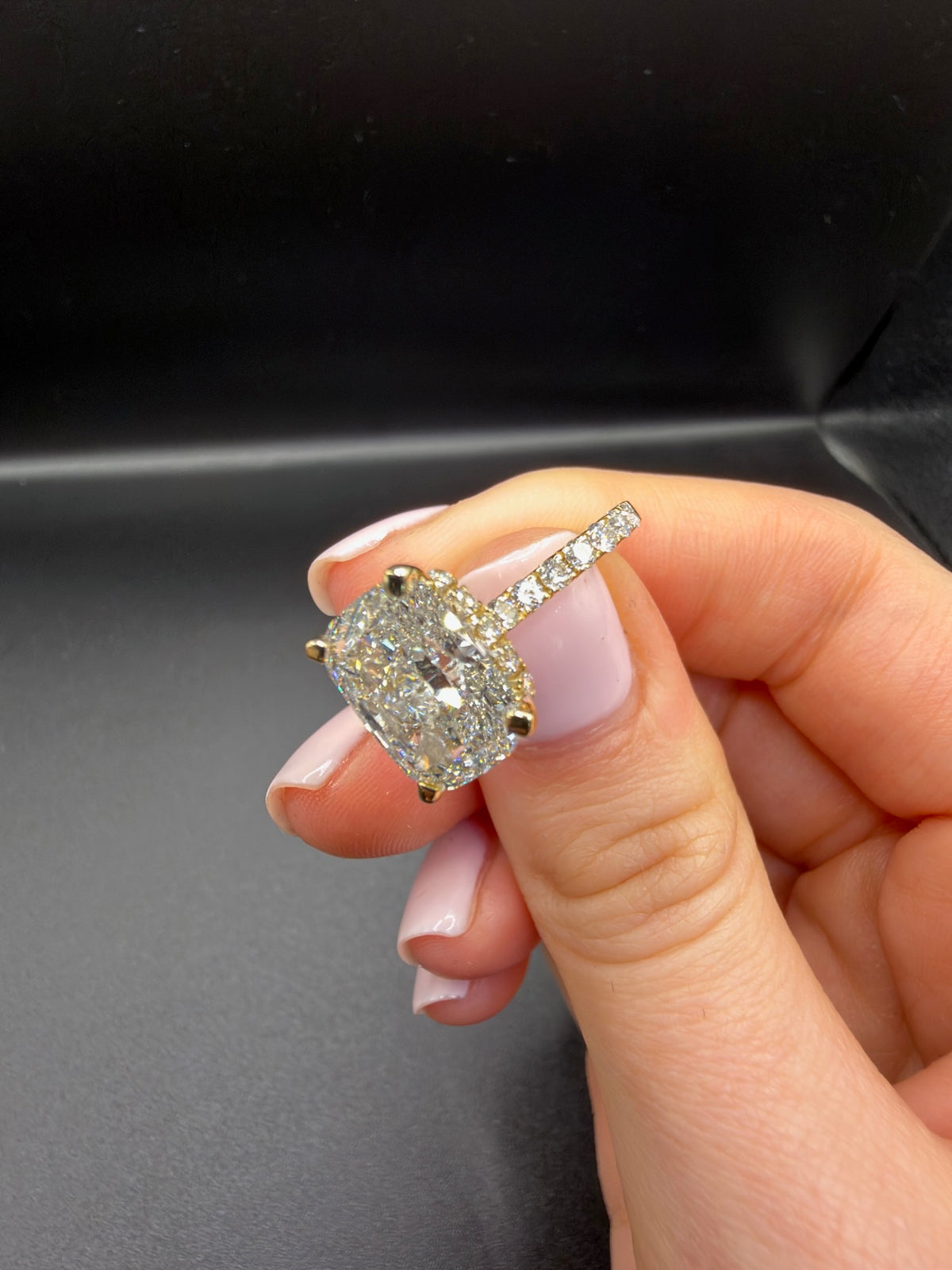 4.08 CT IGI Certified Cushion Lab-Grown Diamond Engagement Ring • E Color VS1 • 14 K Yellow Gold