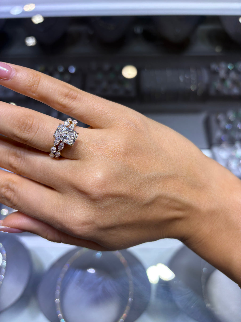 4.30 CT RADIANT BRILLIANT LAB DIAMOND ENGAGEMENT SET • 3.07 CT CENTER • E COLOR • VS1 • ETERNITY BAND INCLUDED • IGI CERTIFIED