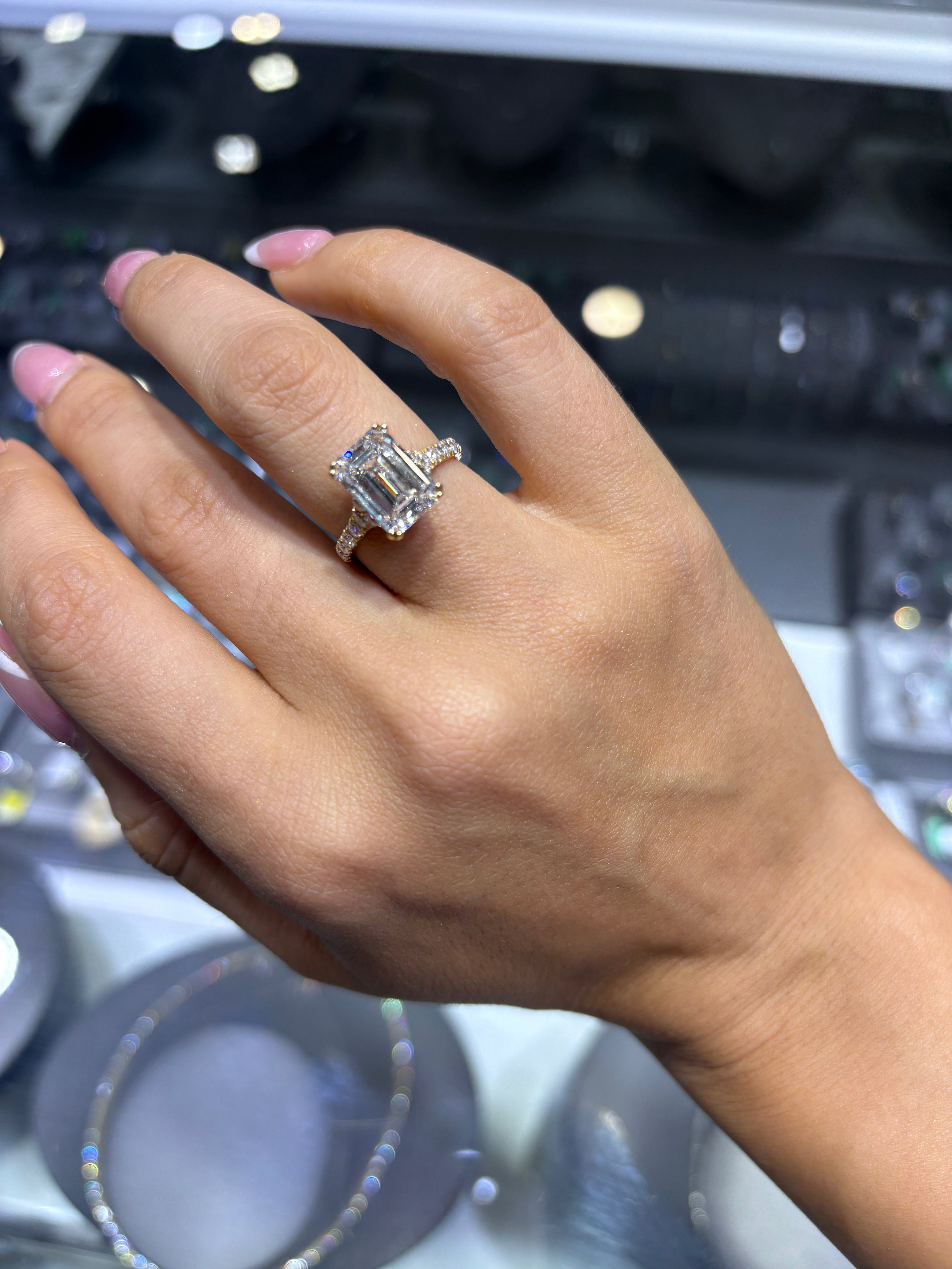 4.65 CT EMERALD CUT LAB DIAMOND RING • 4.14 CT CENTER • F COLOR • YELLOW GOLD • VVS2 • IGI CERTIFIED
