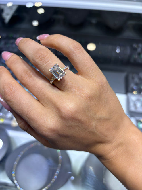 4.65 CT EMERALD CUT LAB DIAMOND RING • 4.14 CT CENTER • F COLOR • YELLOW GOLD • VVS2 • IGI CERTIFIED