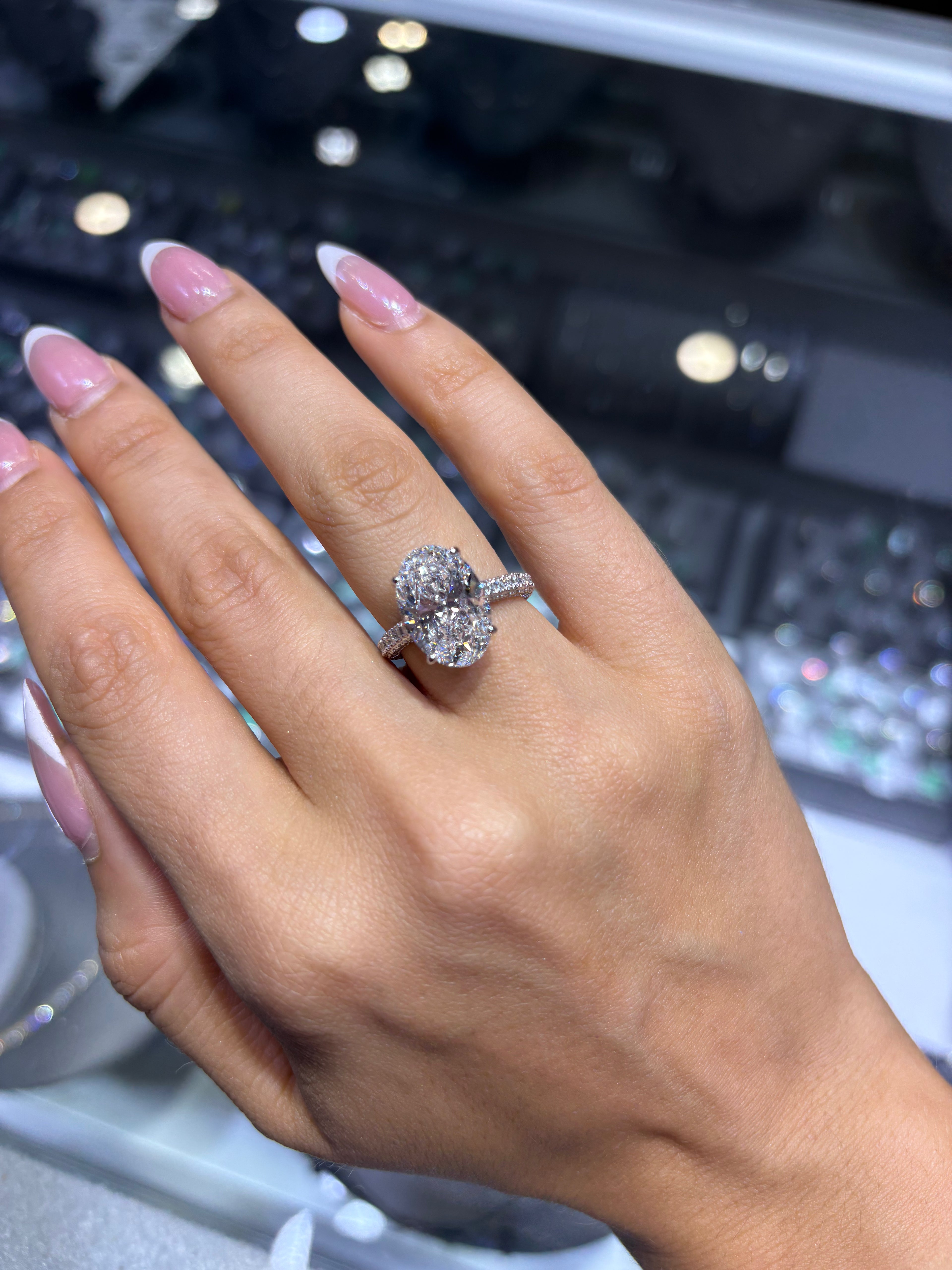 7.97 CT OVAL BRILLIANT LAB DIAMOND RING • 6.05 CT CENTER • E COLOR • 14K WHITE GOLD • VS1 • IGI CERTIFICATE INCLUDED