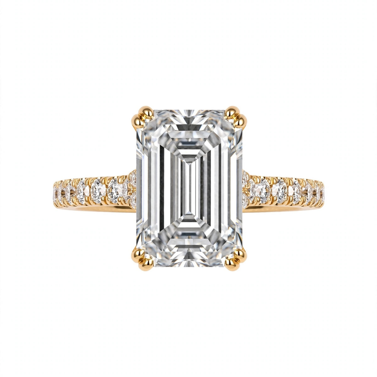 4.65 CT EMERALD CUT LAB DIAMOND RING • 4.14 CT CENTER • F COLOR • YELLOW GOLD • VVS2 • IGI CERTIFIED