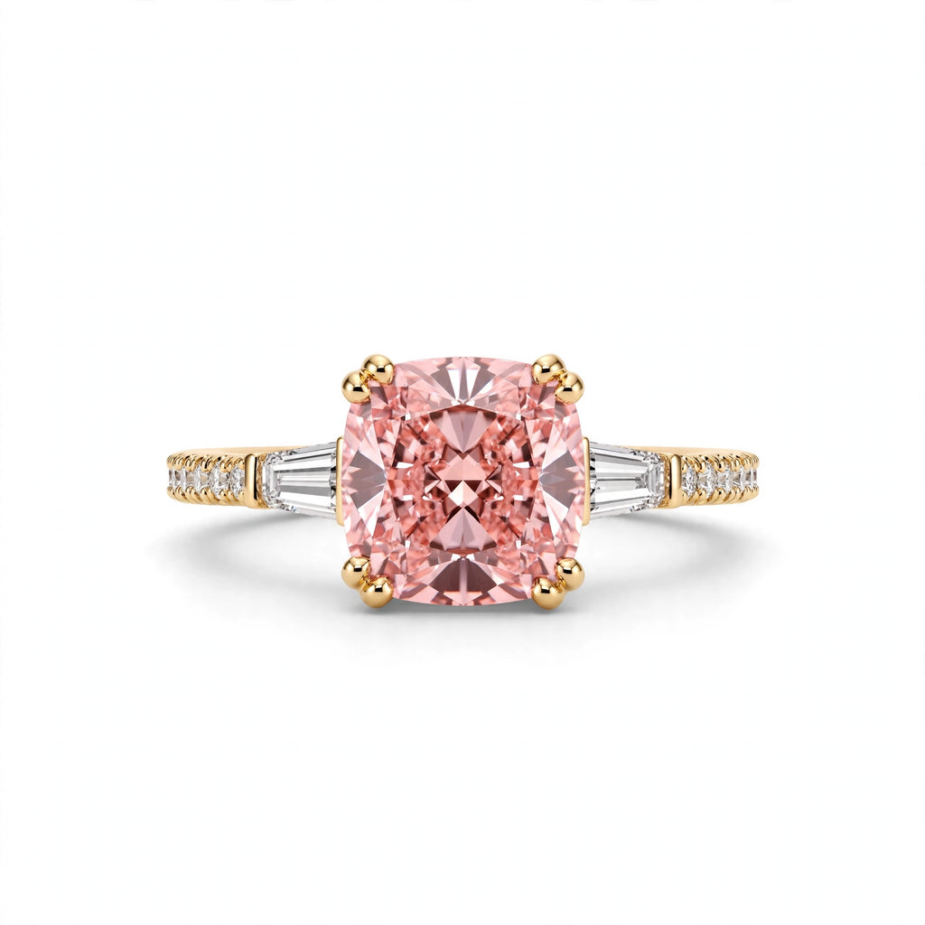 5.69 CT CUSHION LAB DIAMOND RING • 5.05 CT CENTER • FANCY VIVID PINK • 14K YELLOW GOLD • VVS2 • IGI CERTIFIED