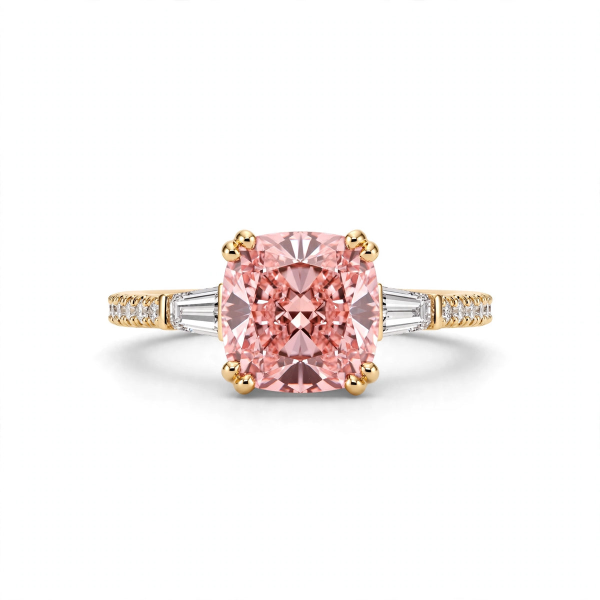 5.69 CT CUSHION LAB DIAMOND RING • 5.05 CT CENTER • FANCY VIVID PINK • 14K YELLOW GOLD • VVS2 • IGI CERTIFIED
