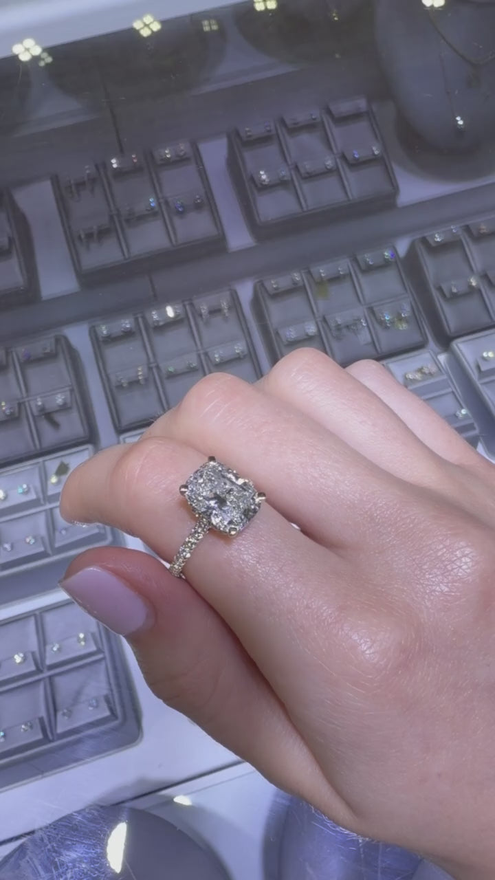 4.08 CT IGI Certified Cushion Lab-Grown Diamond Engagement Ring • E Color VS1 • 14 K Yellow Gold