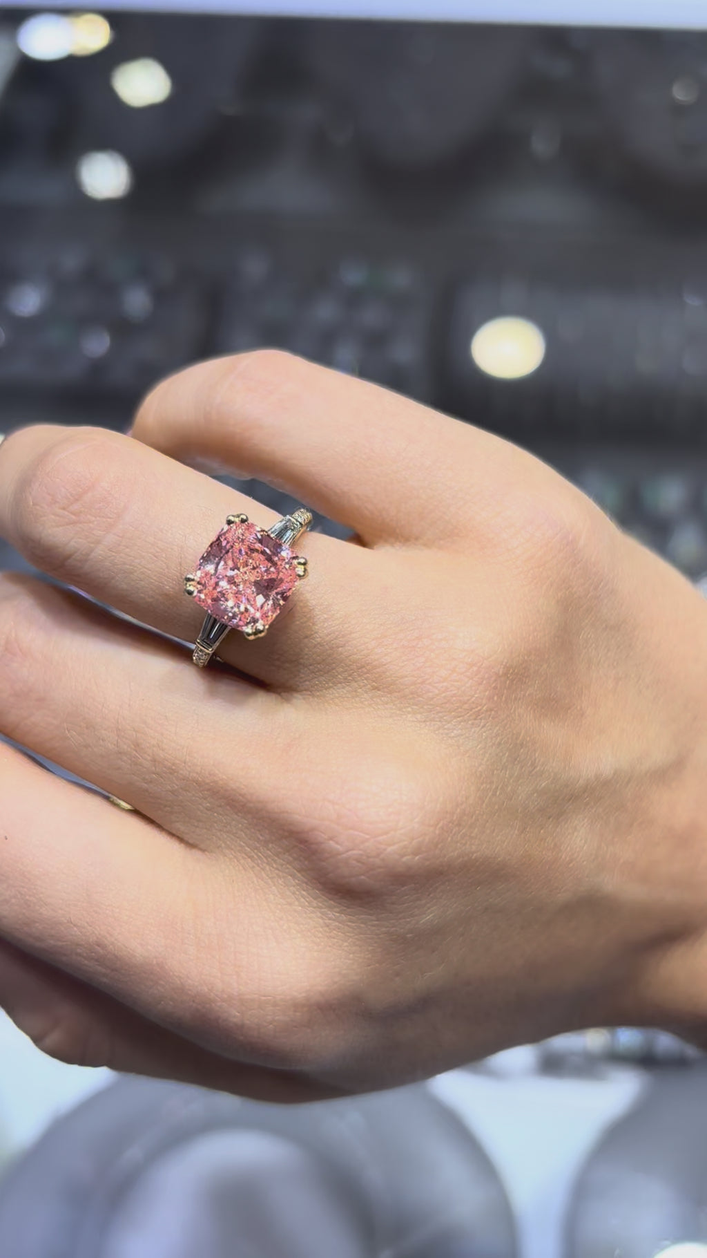 5.69 CT CUSHION LAB DIAMOND RING • 5.05 CT CENTER • FANCY VIVID PINK • 14K YELLOW GOLD • VVS2 • IGI CERTIFIED